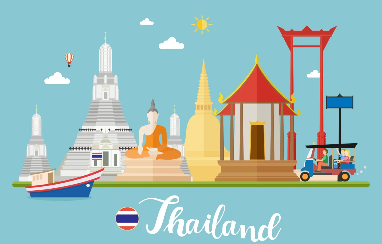 Фото обои Таиланд, Пейзаж, Thailand, Арт, Landscape, Travel, Путешествия, Векторная иллюстрация