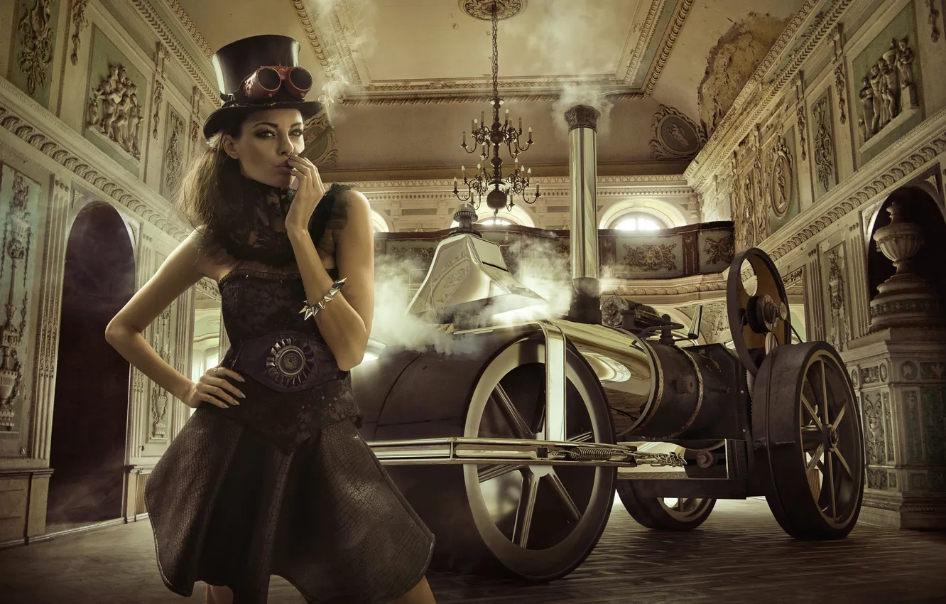 Фото обои взгляд, девушка, ретро, шляпа, автомобиль, fashion, цилиндр