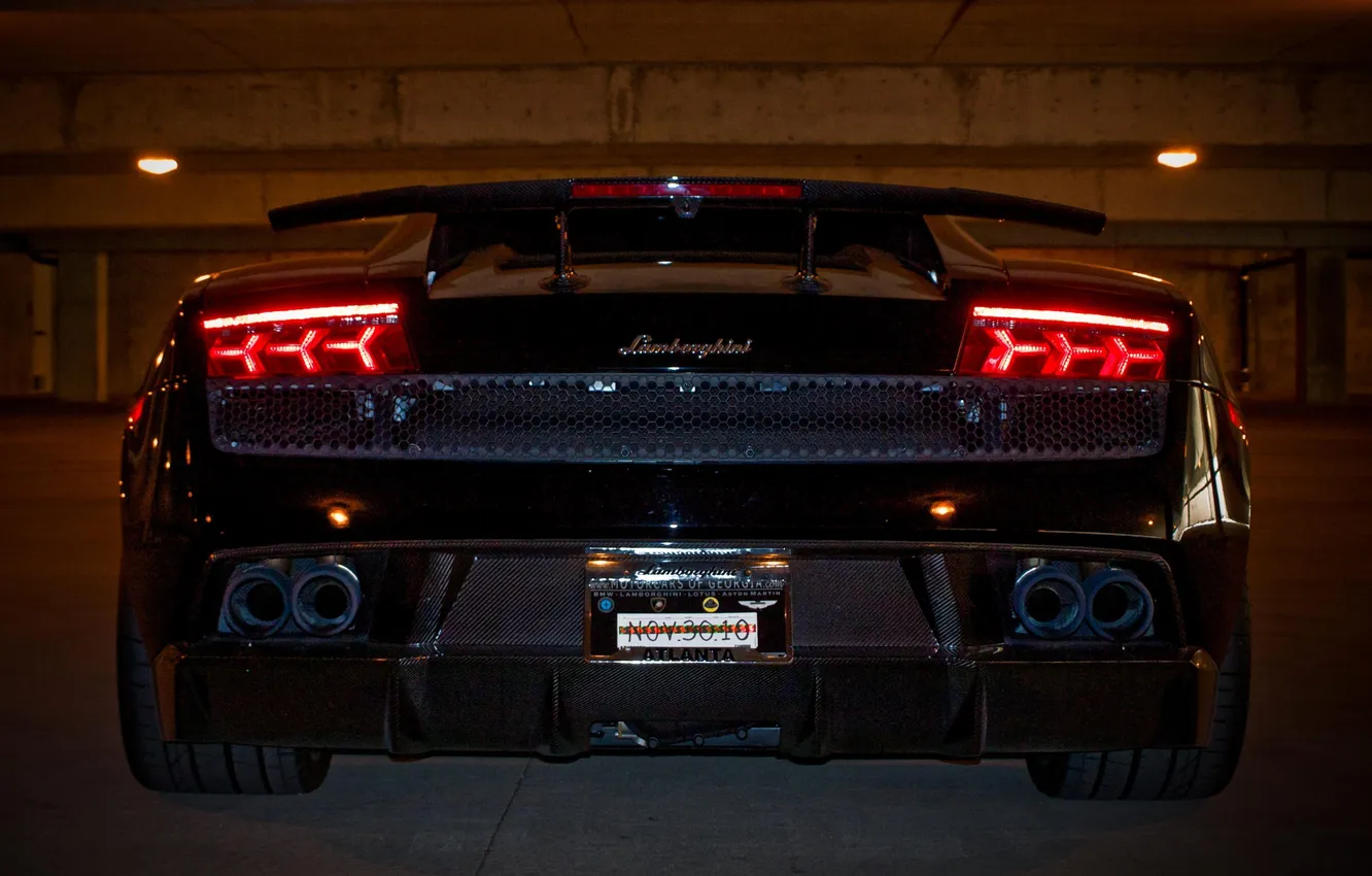 Фото обои огни, Lamborghini, чёрная, Gallardo, задок, ламборгини, галлардо, задние фонари