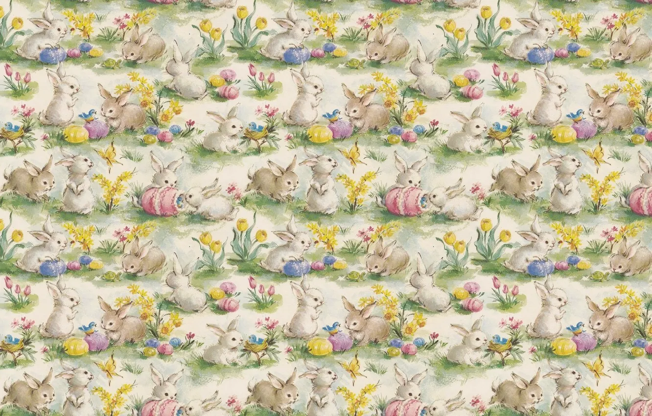 Фото обои цветы, фон, весна, кролик, Пасха, пасхальный кролик, крашенки, текстура. арт