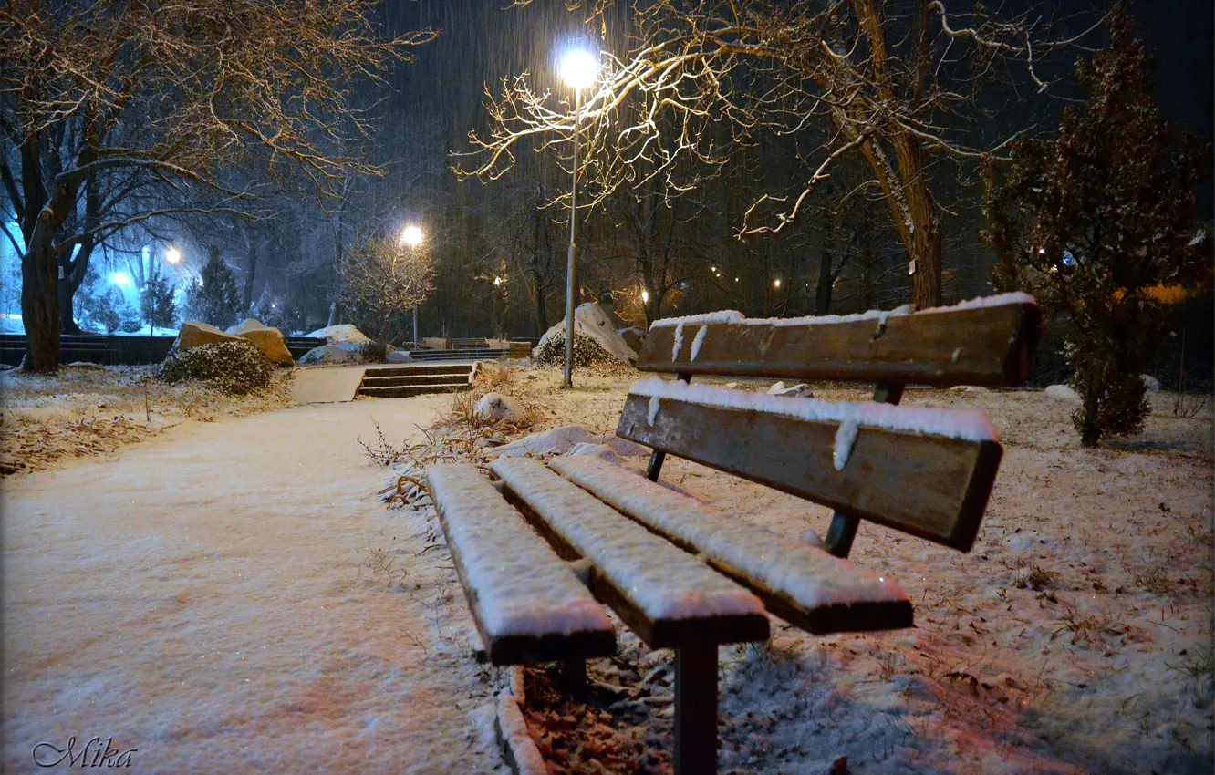 Фото обои Зима, Ночь, Снег, Скамейка, Фонари, Парк, Winter, Night