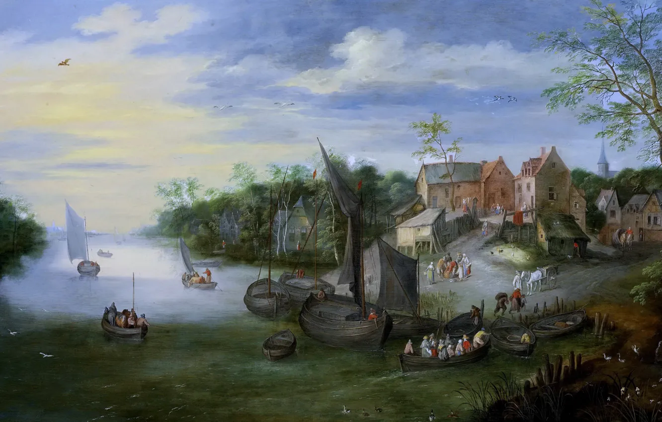 Фото обои люди, лодка, дома, картина, Ян Брейгель младший, Речной Пейзаж с Видом на Деревню
