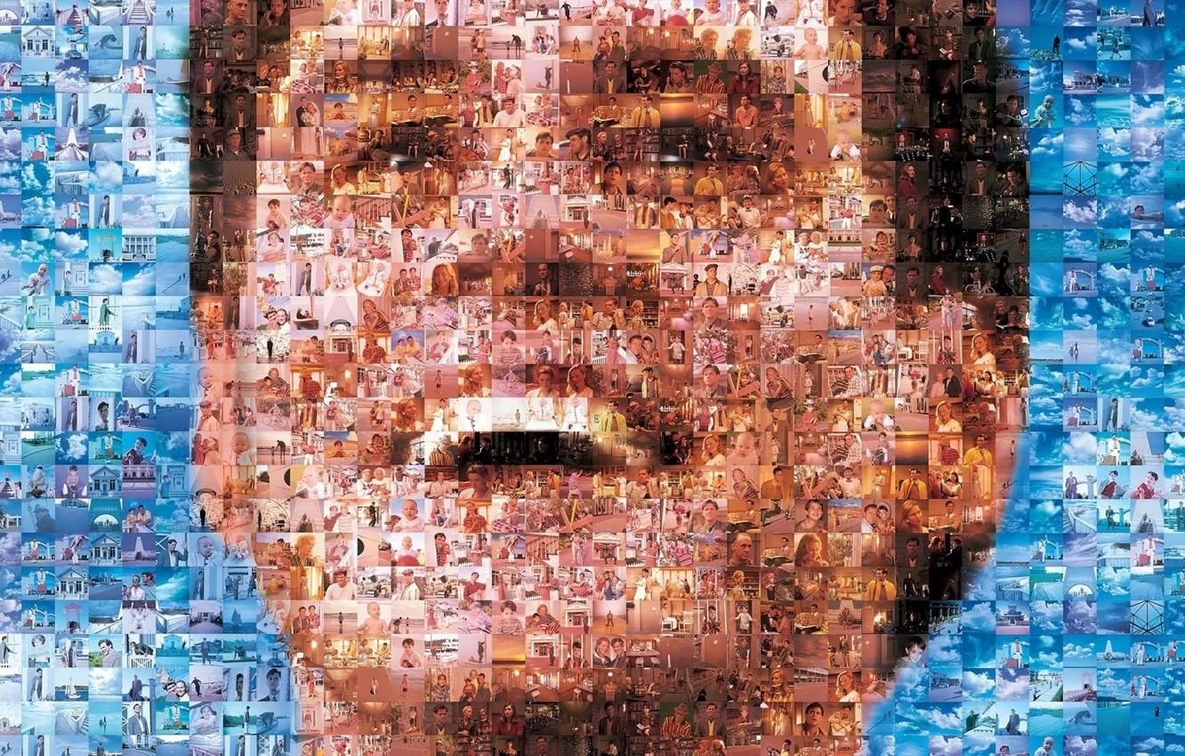 Фото обои мозаика, портрет, Джим Керри, Jim Carrey, artwork, Шоу Трумана улыбка, сцены., скриншоты