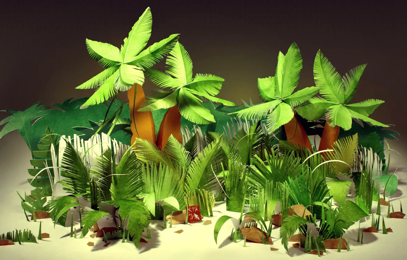 Фото обои листья, тропики, бумага, пальмы, джунгли, картон, кусты, бумажные