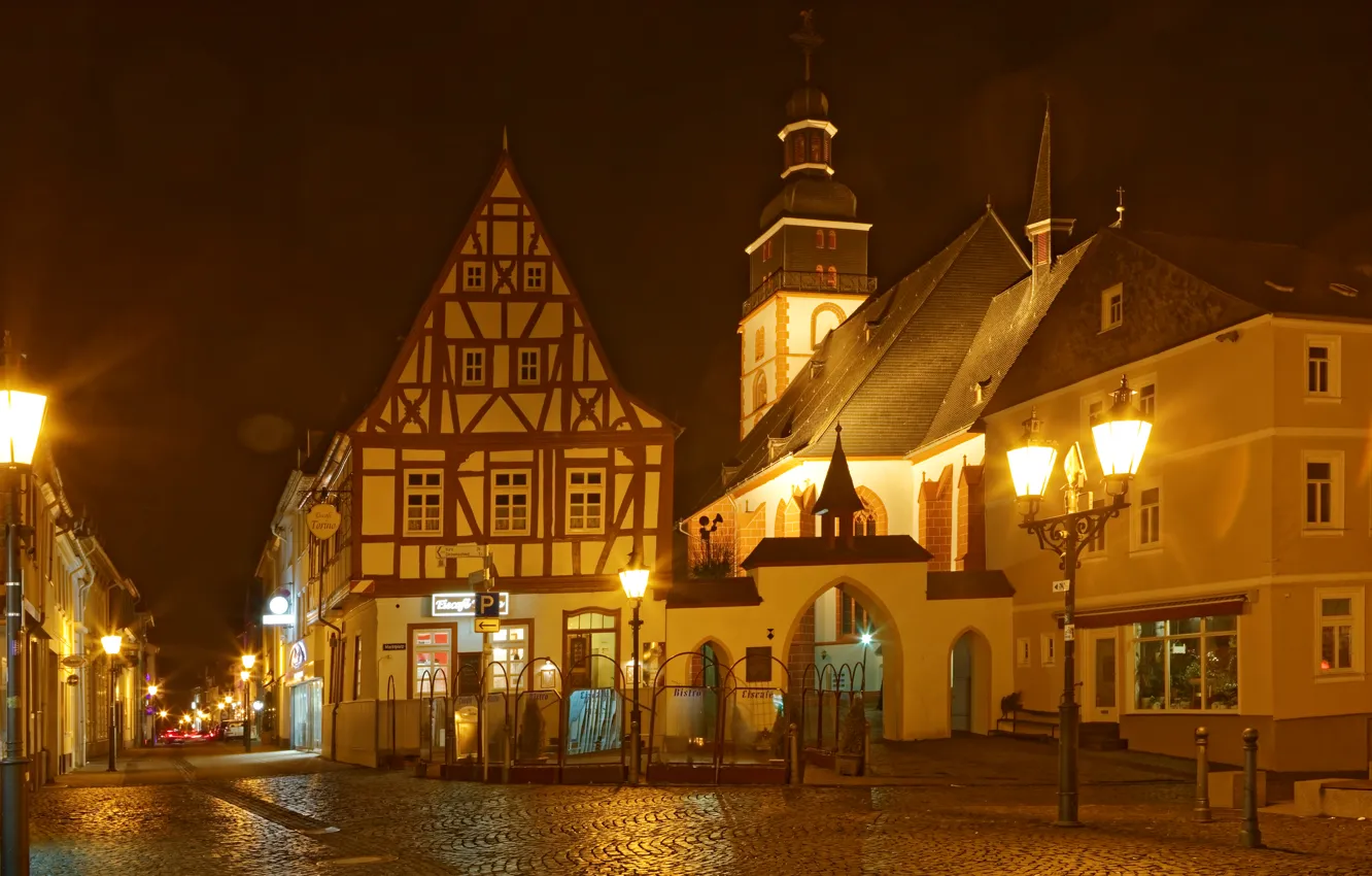 Фото обои ночь, огни, улица, дома, фонари, переулок, мостовая, Германия Kirchberg