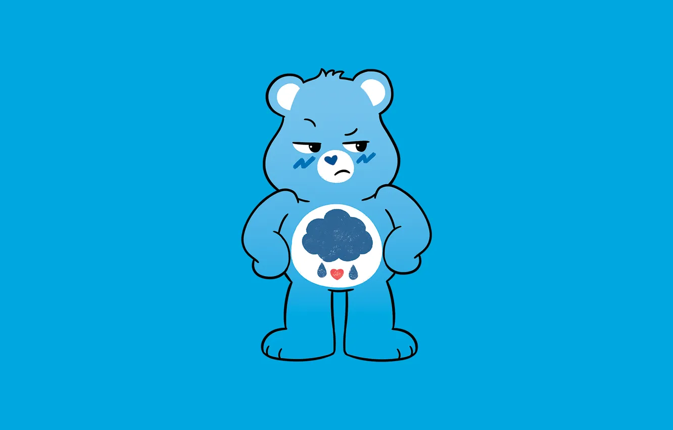 Фото обои blue, cartoon, blue background, digital art, simple background, minimalism, grumpy bear, care bear