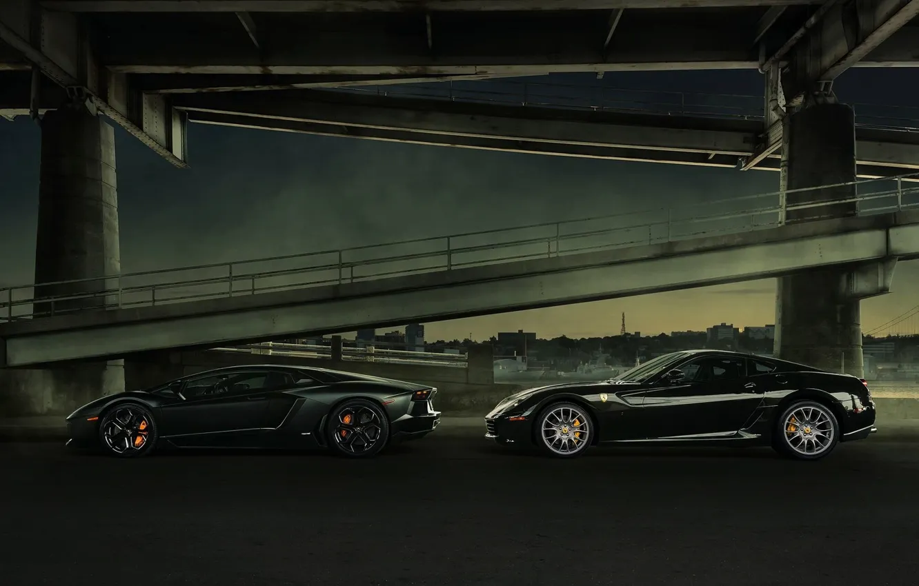 Фото обои Lamborghini, Ferrari, Bridge, Night, LP700-4, Aventador, Supercars, Суперкары
