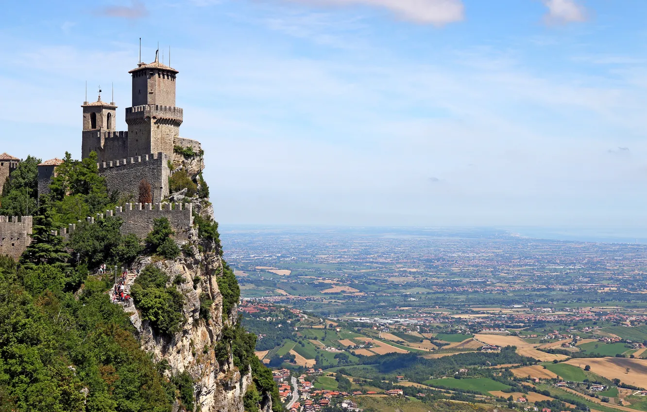Фото обои скала, гора, панорама, крепость, San Marino, Сан-Марино, Mount Titano
