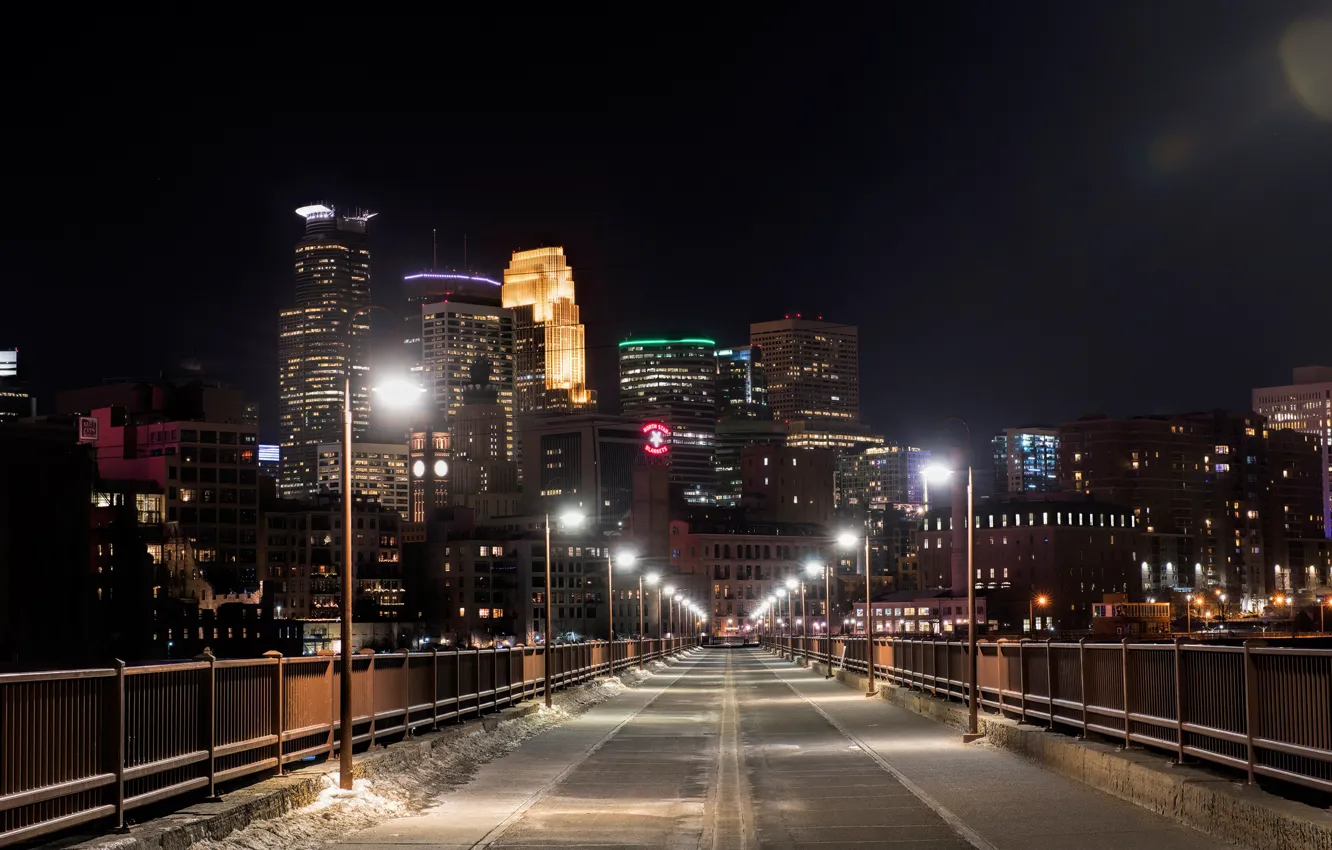 Фото обои снег, ночь, мост, огни, дома, фонари, США, Minnesota