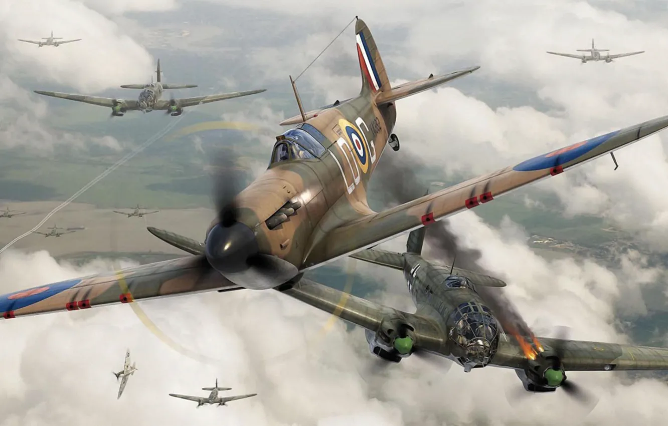 Фото обои fighter, war, art, airplane, painting, aviation, ww2, dogfight
