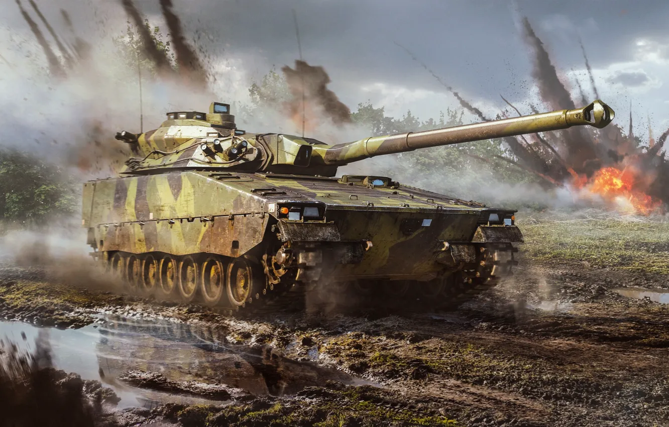 Фото обои брызги, огонь, взрывы, грязь, танк, лужи, выстрелы, War Thunder