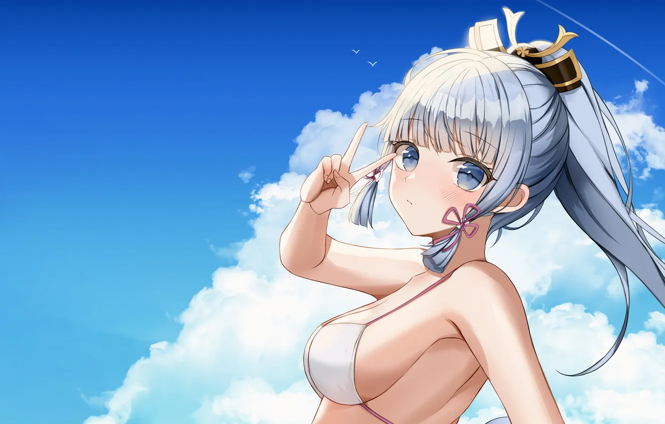 Фото обои girl, sexy, cleavage, long hair, boobs, anime, blue eyes, beautiful