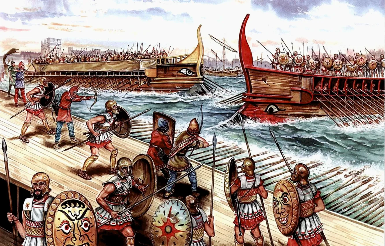 Фото обои война, рисунок, арт, битва, гавани, щиты, копья, лучники