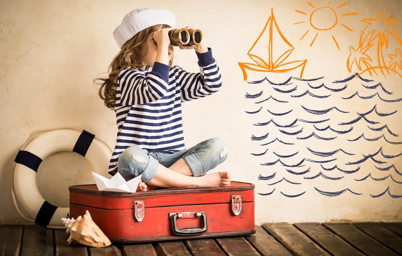 Фото обои рисунок, ракушка, девочка, бинокль, чемодан, спасательный круг, бумажный корабль