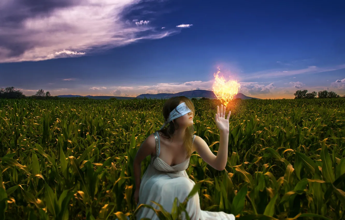 Фото обои поле, девушка, природа, настроение, огонь, сердце, кукуруза, прикосновение