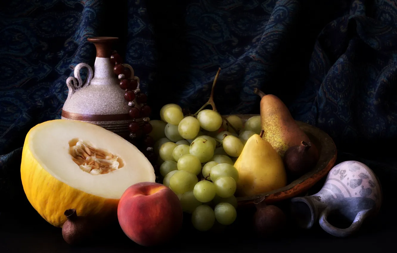 Фото обои виноград, фрукты, персики, груши, дыня