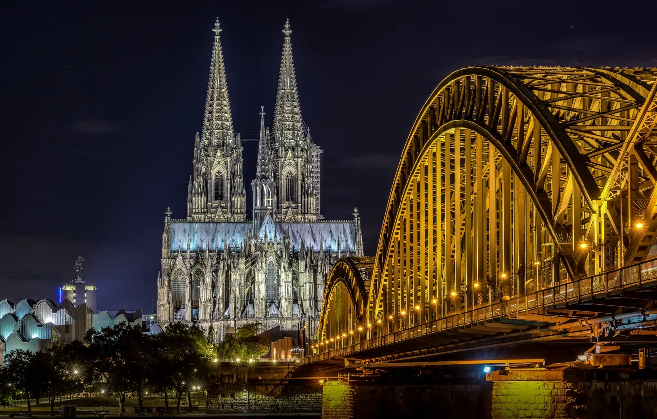 Фото обои ночь, мост, огни, Германия, собор, Кёльн
