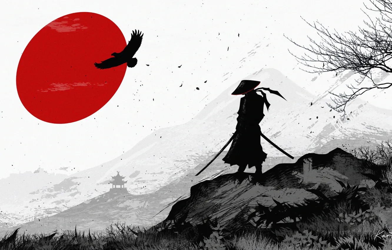 Фото обои art, black and white, samurai, warrior, silhouette