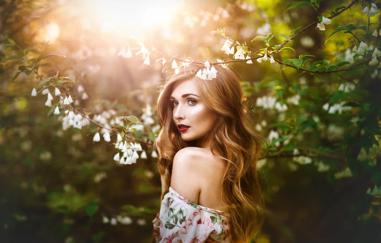 Фото обои взгляд, девушка, свет, природа, волосы, весна, сад, красивая