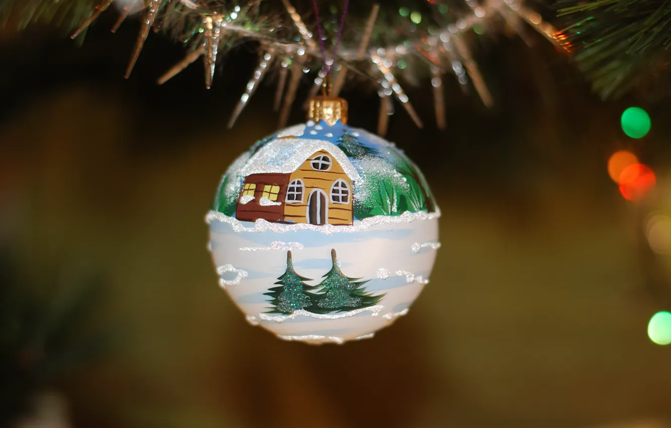 Фото обои зима, снег, праздник, игрушка, рисунок, шар, шарик, Рождество