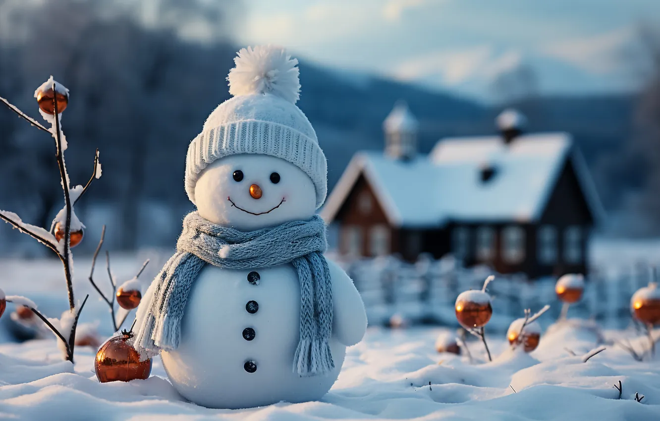 Фото обои зима, снег, Рождество, Новый год, снеговик, Christmas, winter, snow