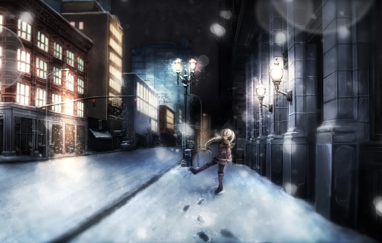 Фото обои зима, машина, девушка, снег, город, дома, наушники, арт