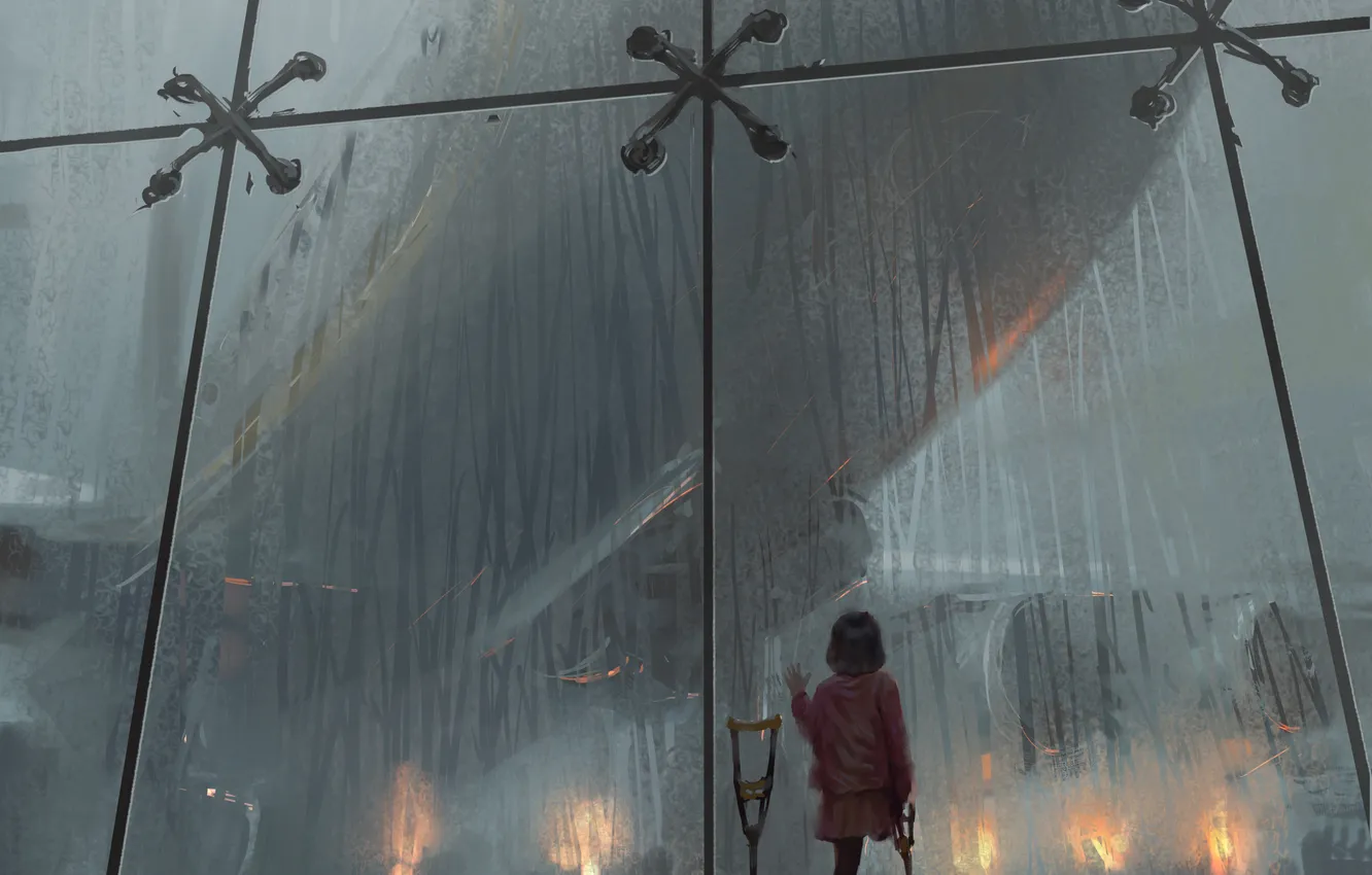 Фото обои девушка, самолет, дождь, аниме, окно, арт, wlop