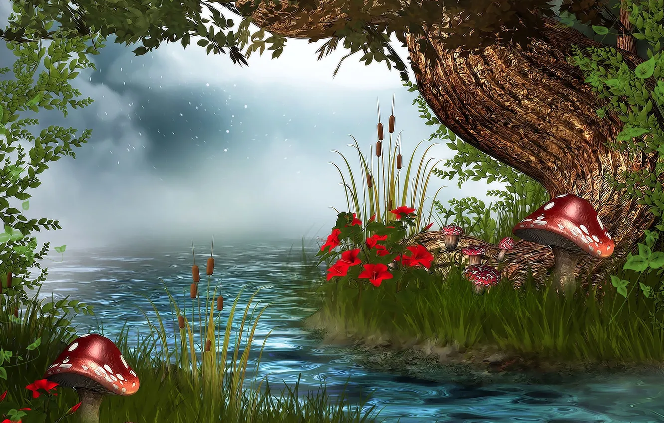Фото обои лес, цветы, река, рендеринг, грибы, сказка