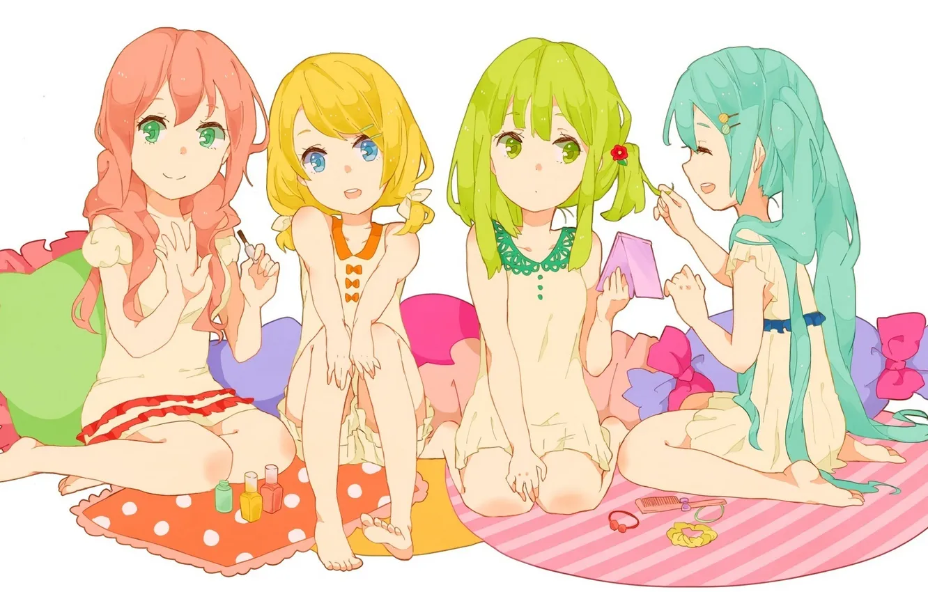 Фото обои девочки, подушки, арт, бантики, vocaloid, hatsune miku, megurine luka, kagamine rin