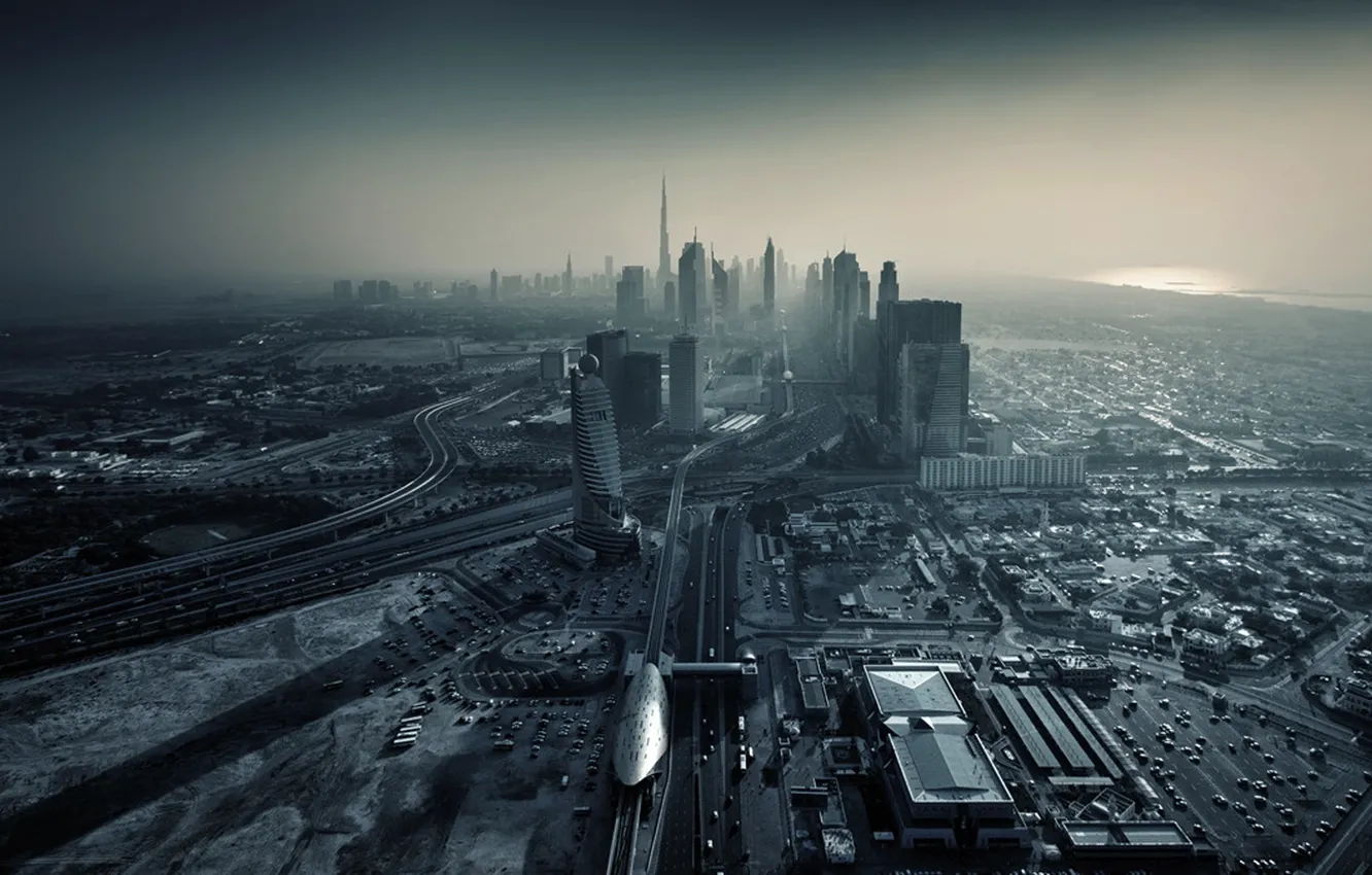Фото обои закат, city, город, здания, дороги, небоскребы, Дубай, Dubai