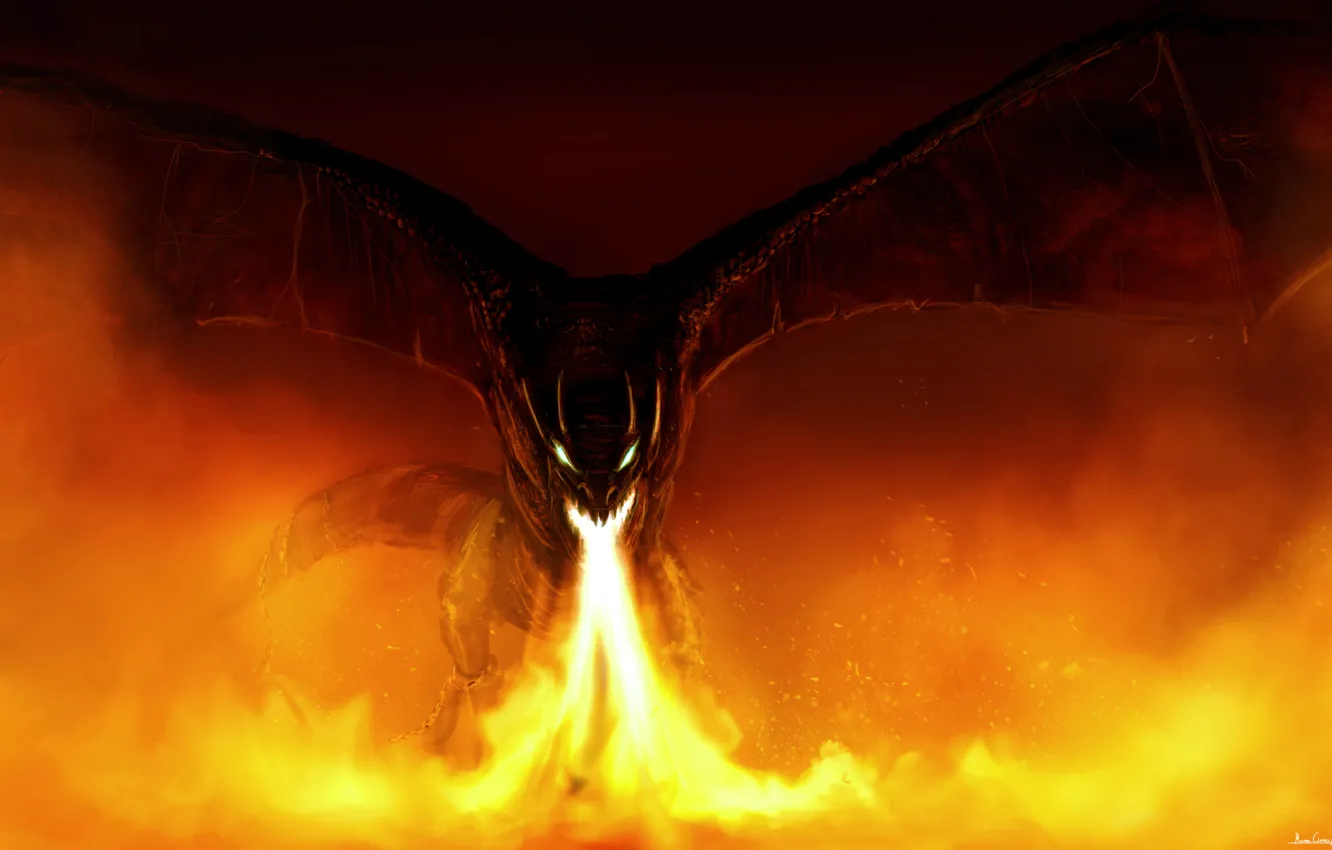 Фото обои фантастика, дракон, крылья, арт, пасть, огнедышащий
