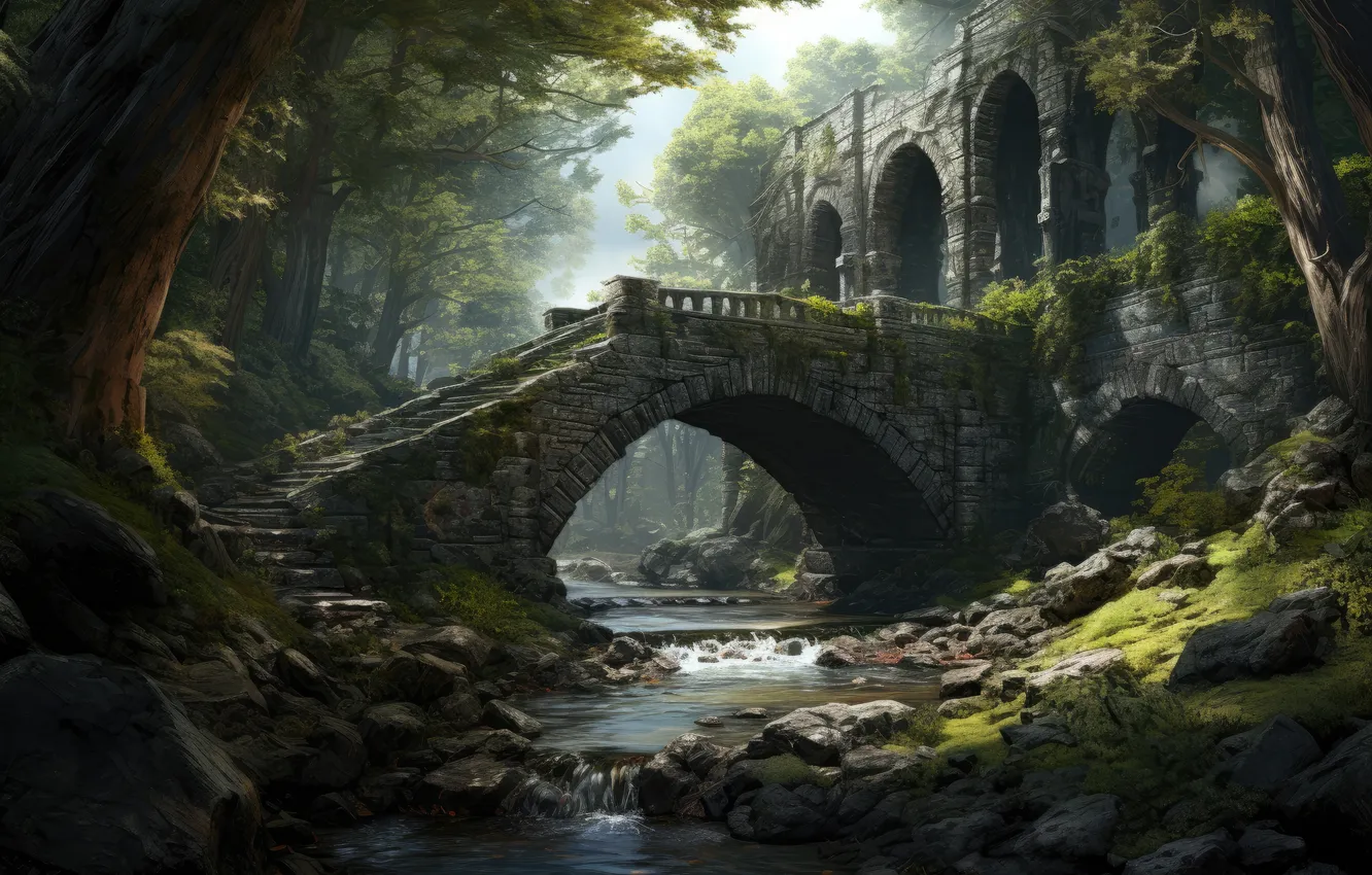 Фото обои forest, bridge, ruins, building