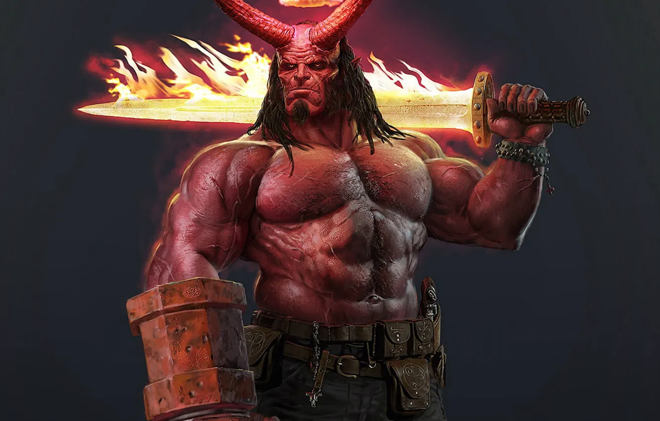 Фото обои меч, корона, concept, демон, рога, demon, fire, sword