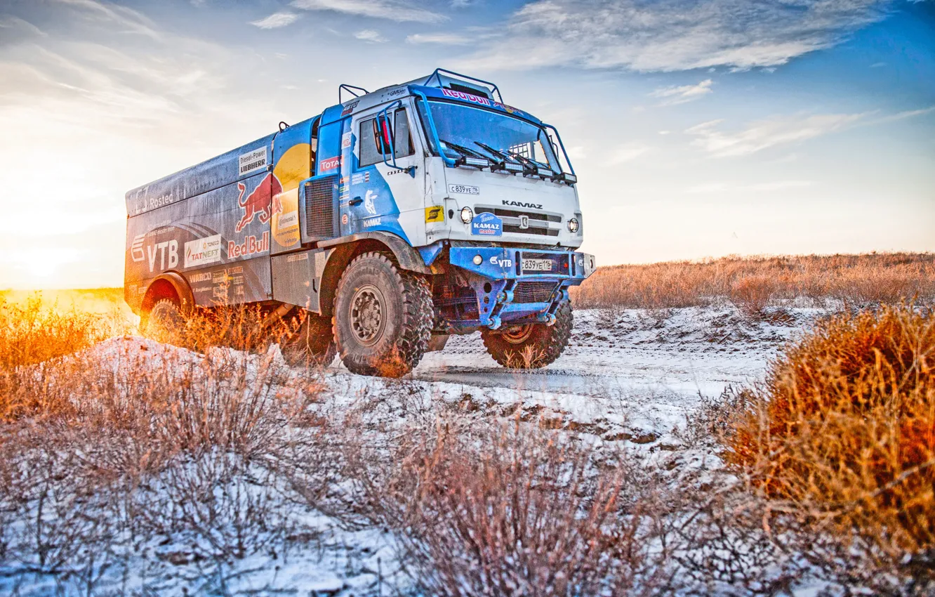 Фото обои Зима, Снег, Грузовик, Мастер, Kamaz, Rally, Dakar, Камаз