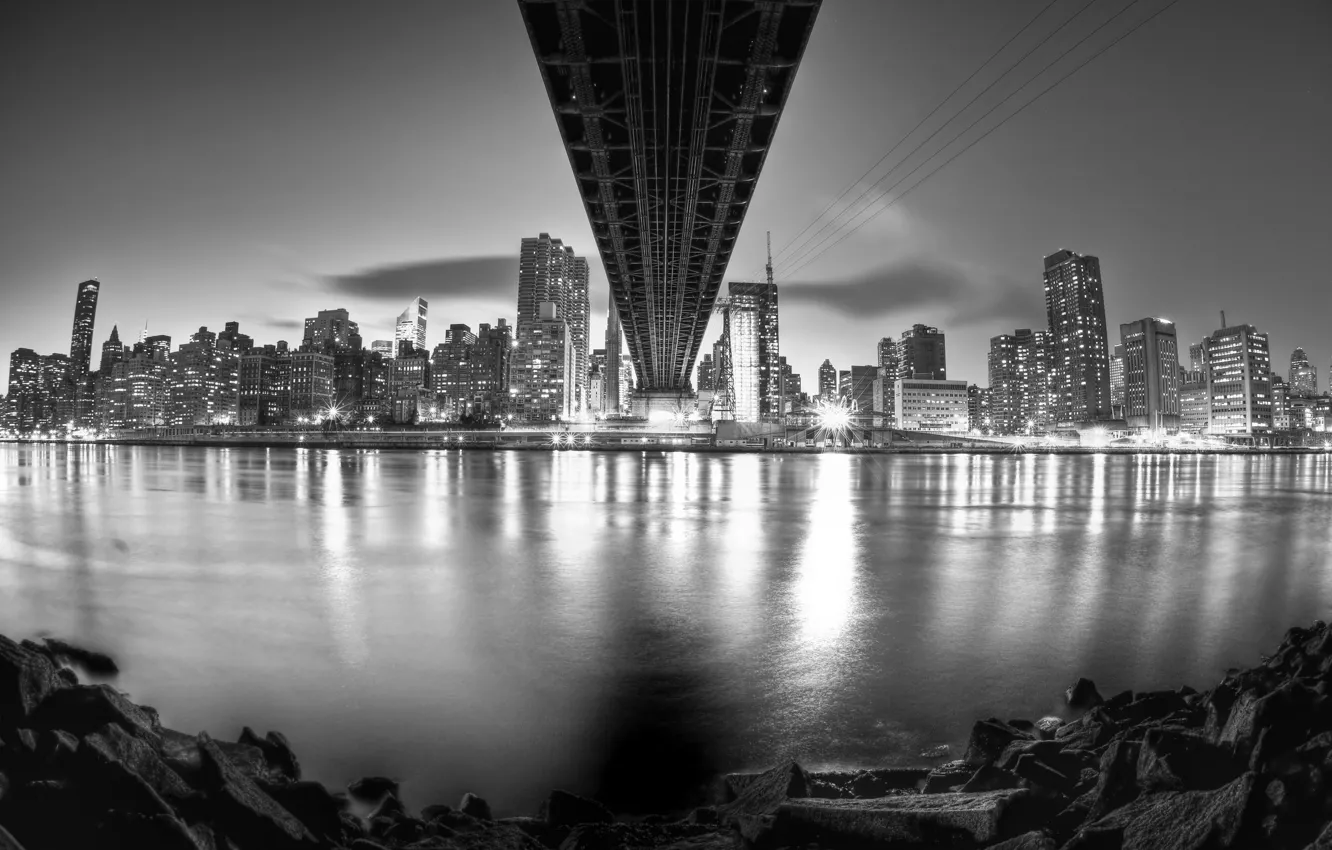 Фото обои ночь, город, черно-белый, Нью-Йорк, небоскребы, USA, США, NYC