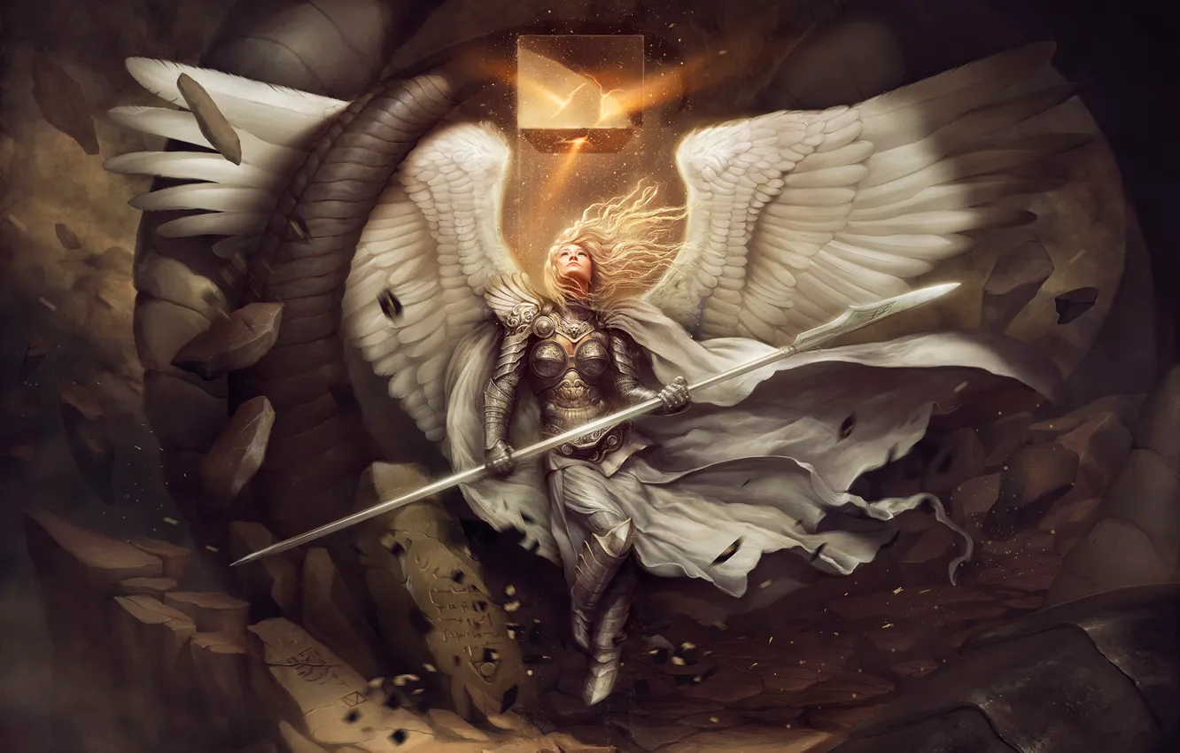 Фото обои обломки, девушка, камни, крылья, ангел, арт, копье, куб