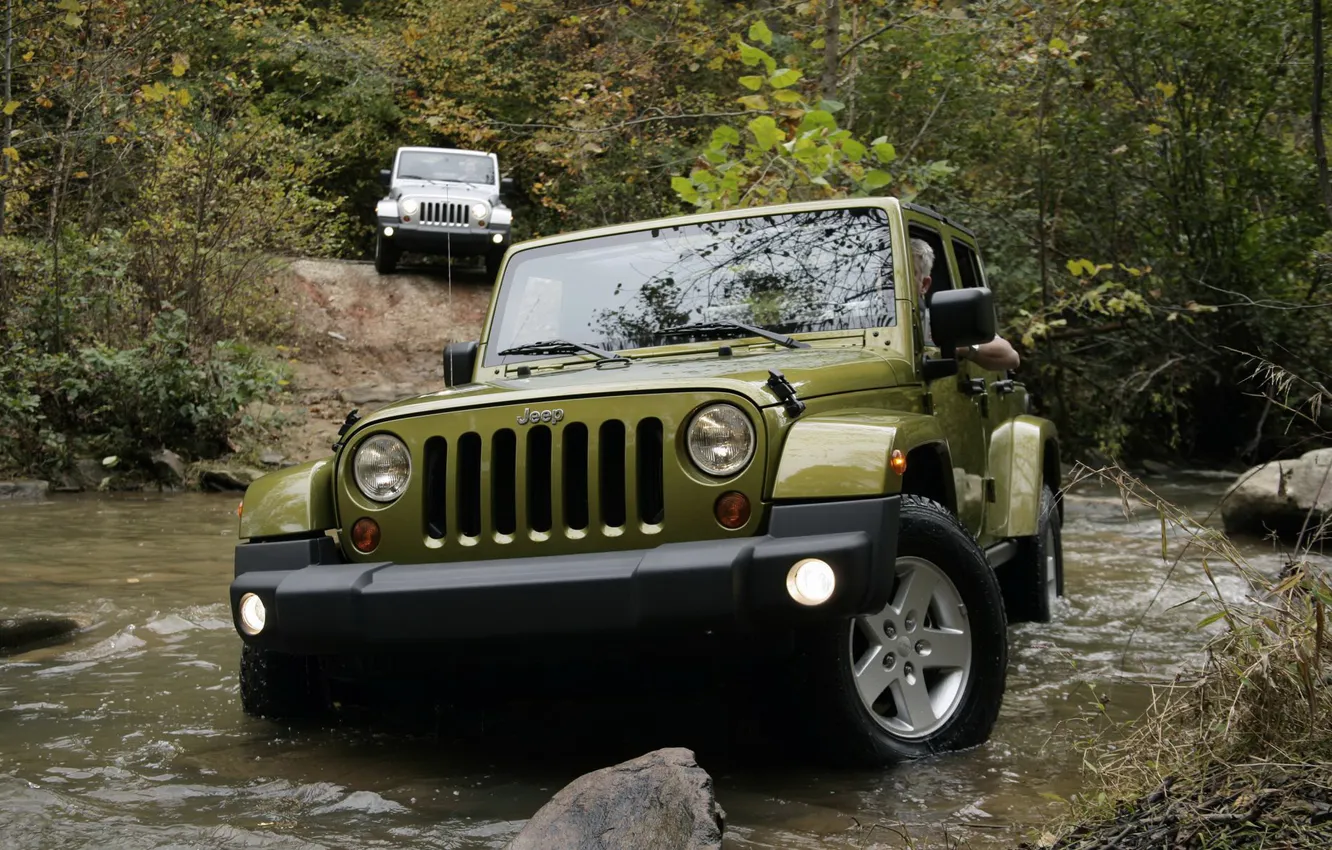 Фото обои машина, лес, вода, джип, бездорожье, автомобиль, jeep, wrangler