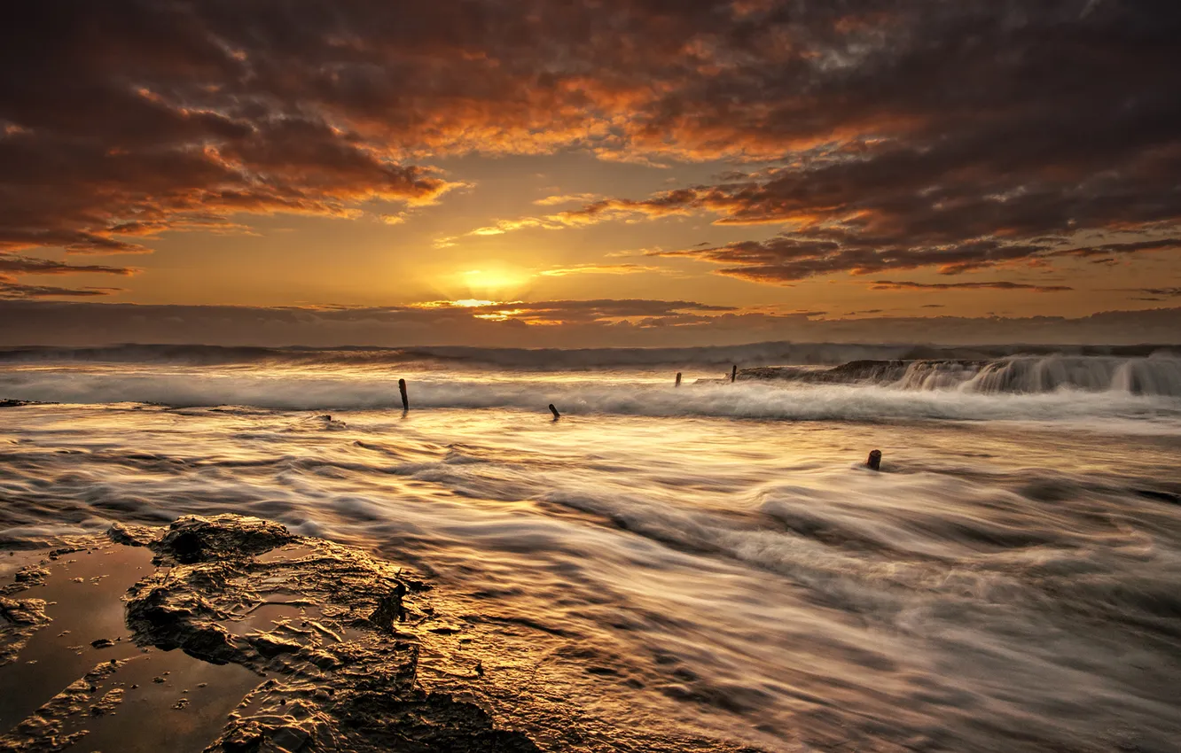 Фото обои rock, ocean, sunset, wave
