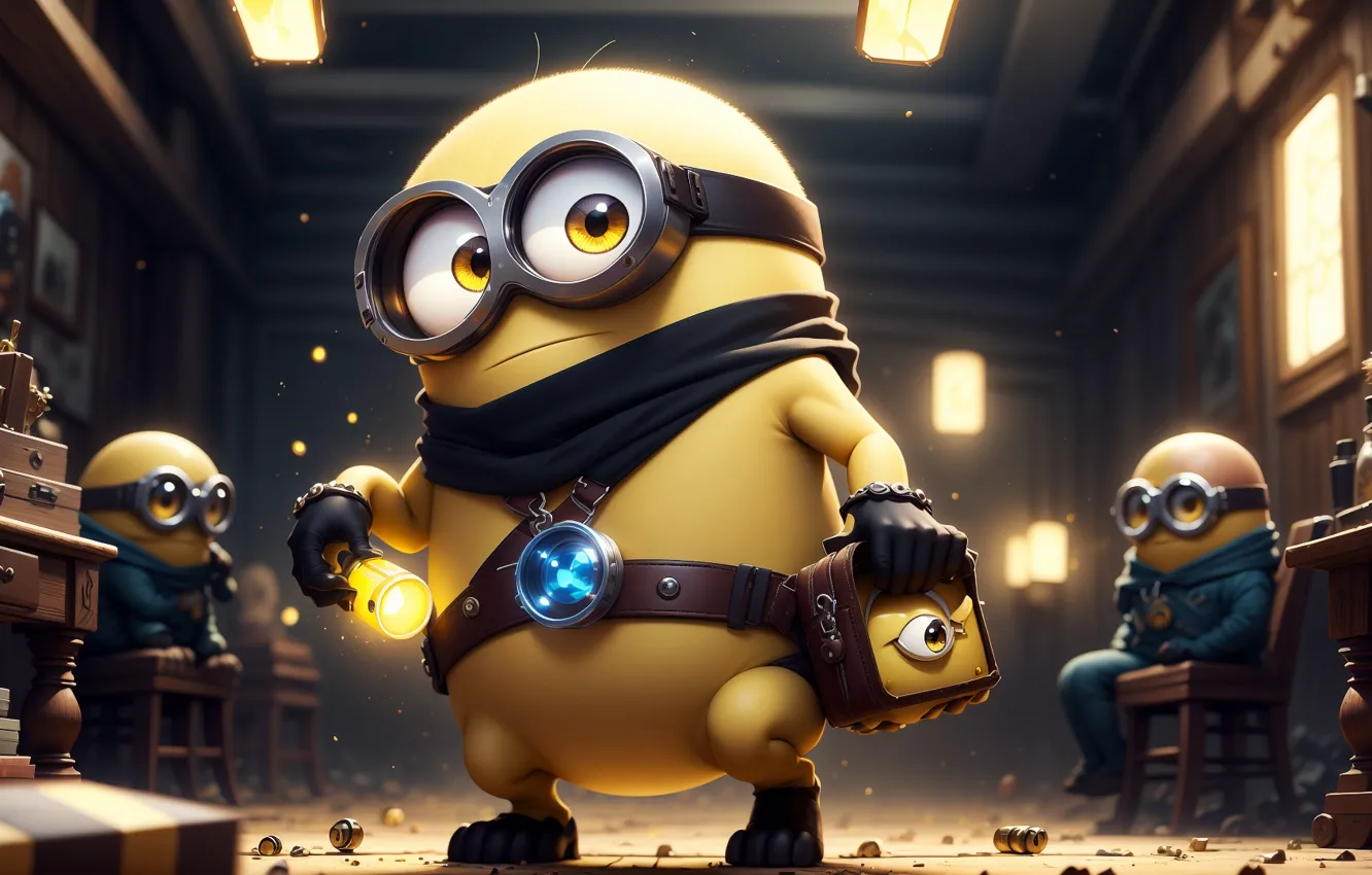 Фото обои yellow, chair, digital art, picture, sitting, gloves, standing, minions