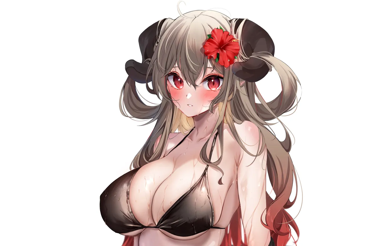 Фото обои girl, sexy, wet, cleavage, flower, horns, long hair, boobs