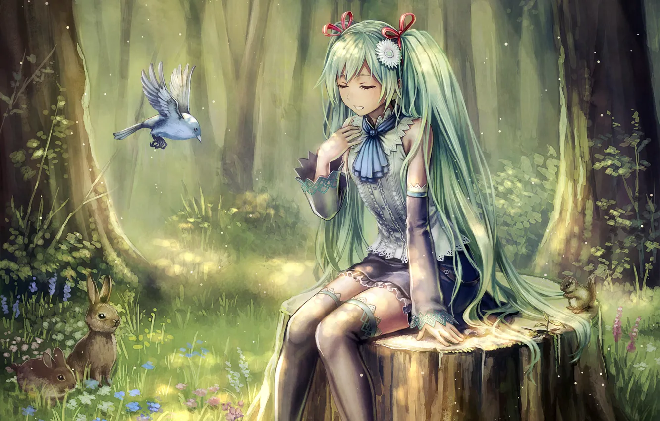 Фото обои лес, девушка, птицы, звери, аниме, Hatsune Miku, Vocaloid, art