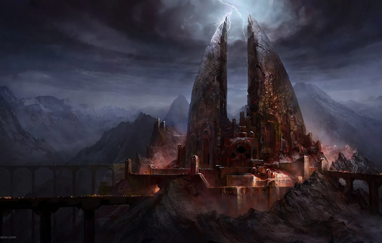 Фото обои мост, замок, молнии, арт, мрачно, Lord of The Rings, War In The North, Ilya Nazarov