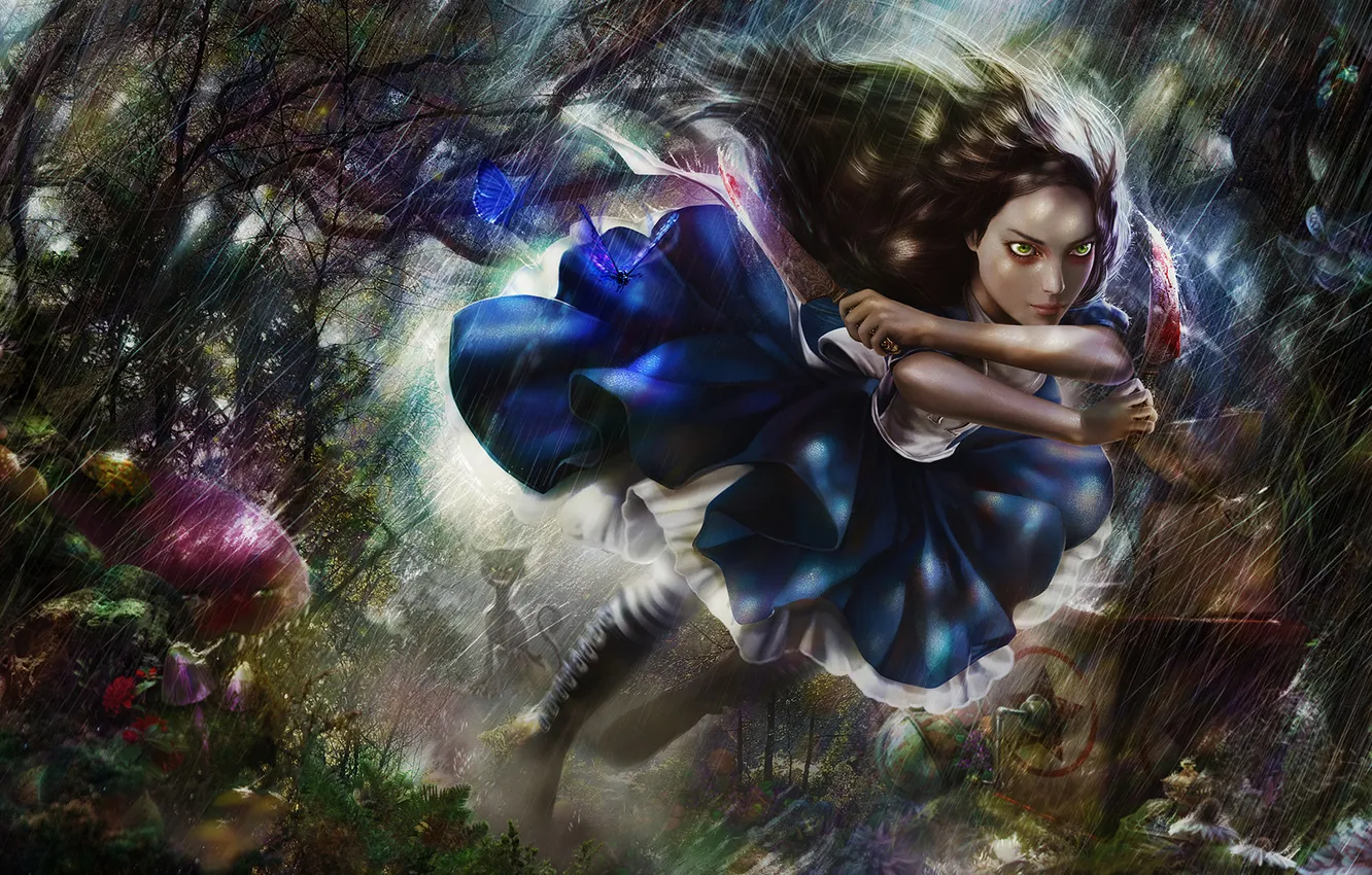 Фото обои девушка, нож, cat, art, Alice, Cheshire Cat, Alice: Madness Returns