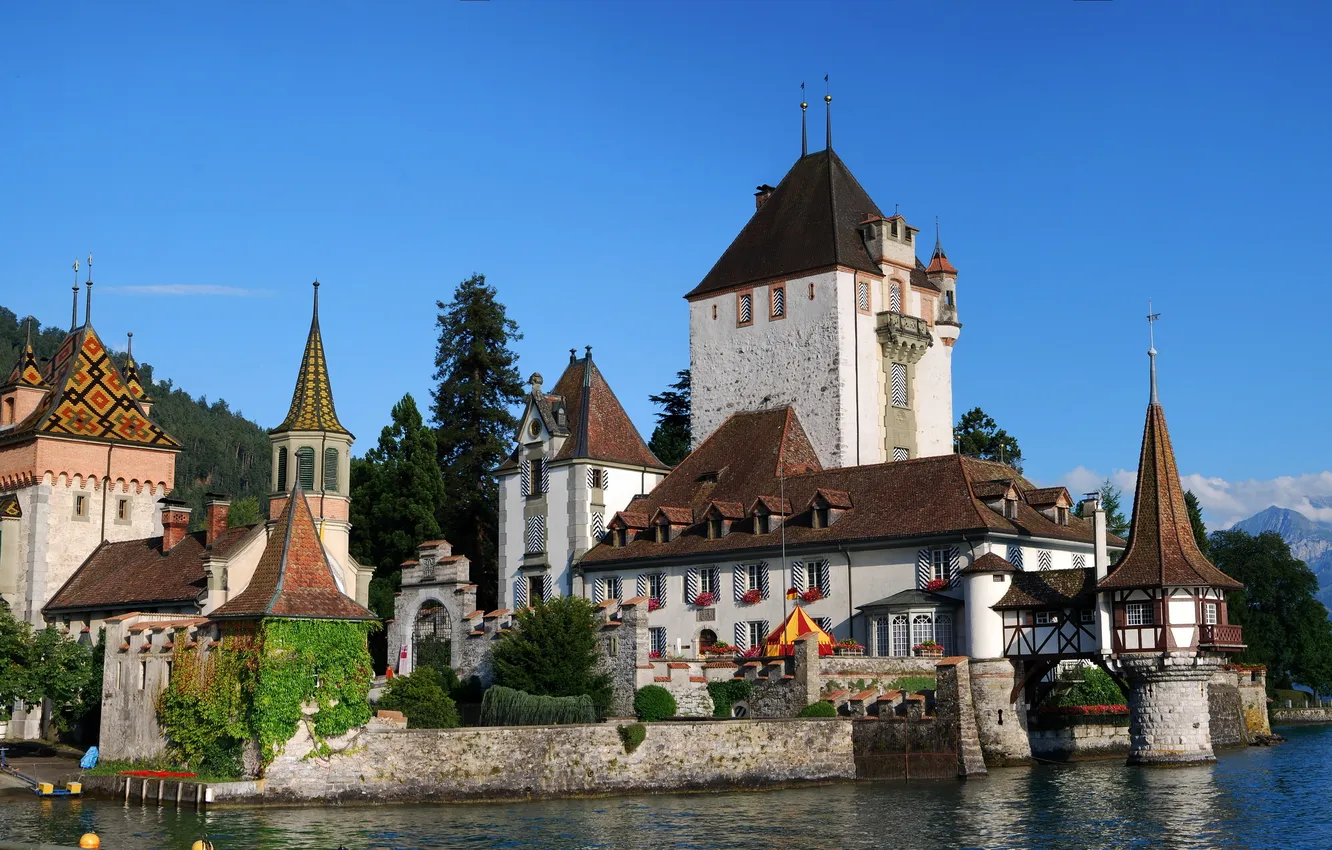 Фото обои вода, горы, природа, замок, Швейцария, архитектура, Switzerland, небо.
