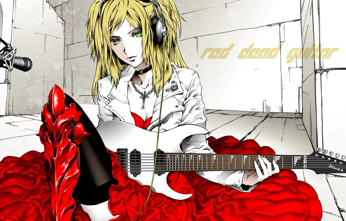 Фото обои гитара, платье, блондинка, микрофон, электрогитара, зеленые глаза