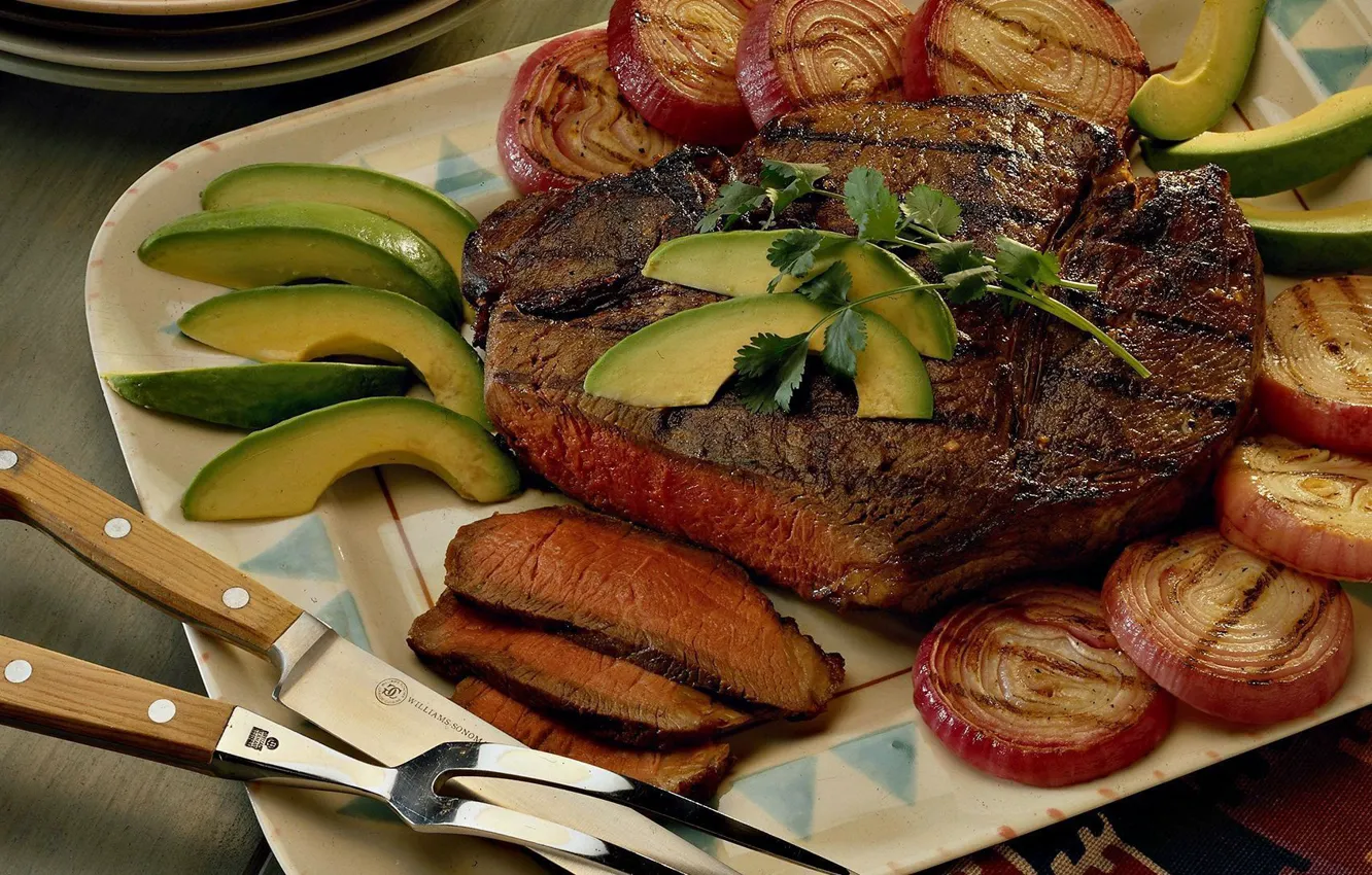 Фото обои нож, мясо, вилка, блюдо, стейк