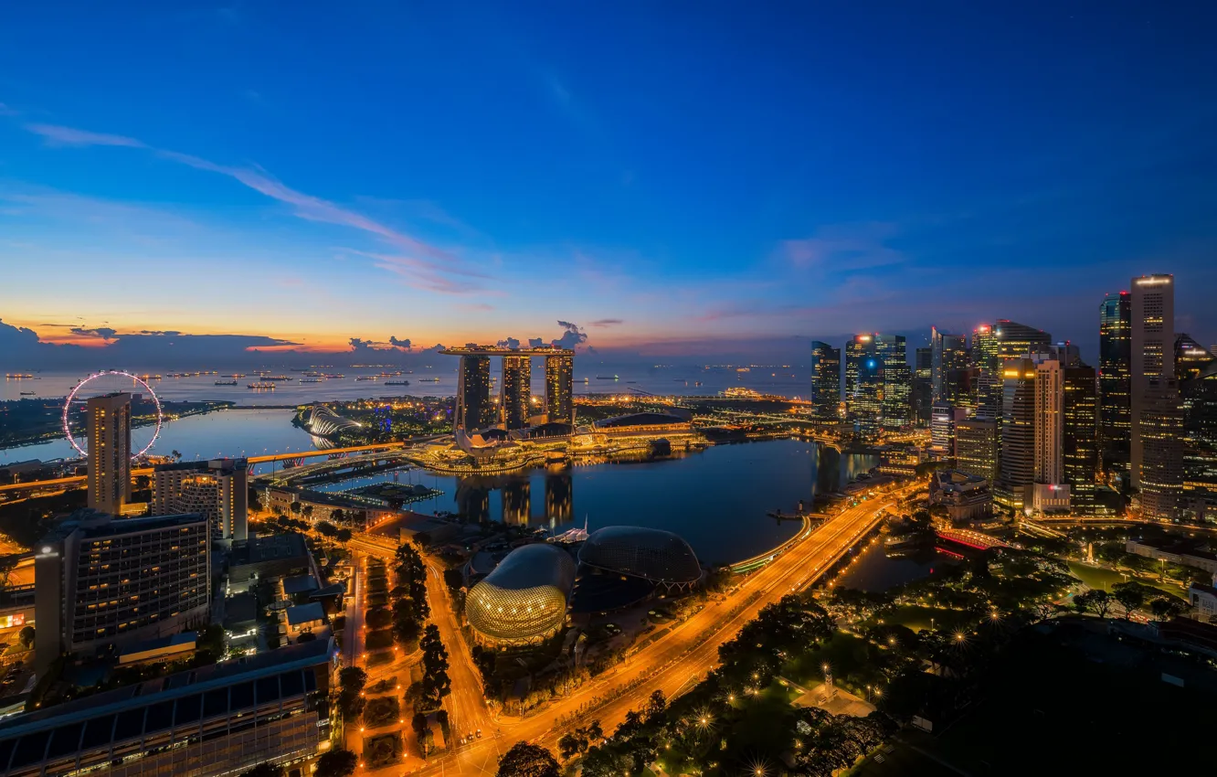 Фото обои ночь, огни, небоскребы, панорама, Сингапур
