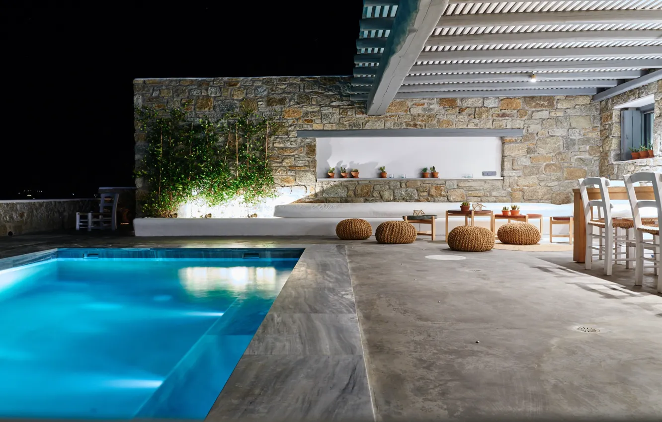 Фото обои мебель, вилла, бассейн, Греция, терраса, Mykonos, Cyclades, villa Moy