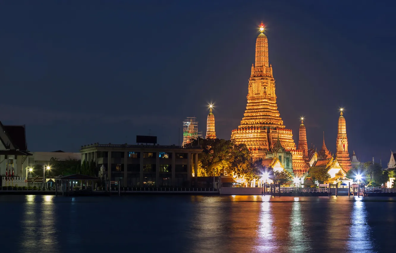 Фото обои ночь, огни, река, Таиланд, дворец, Bangkok