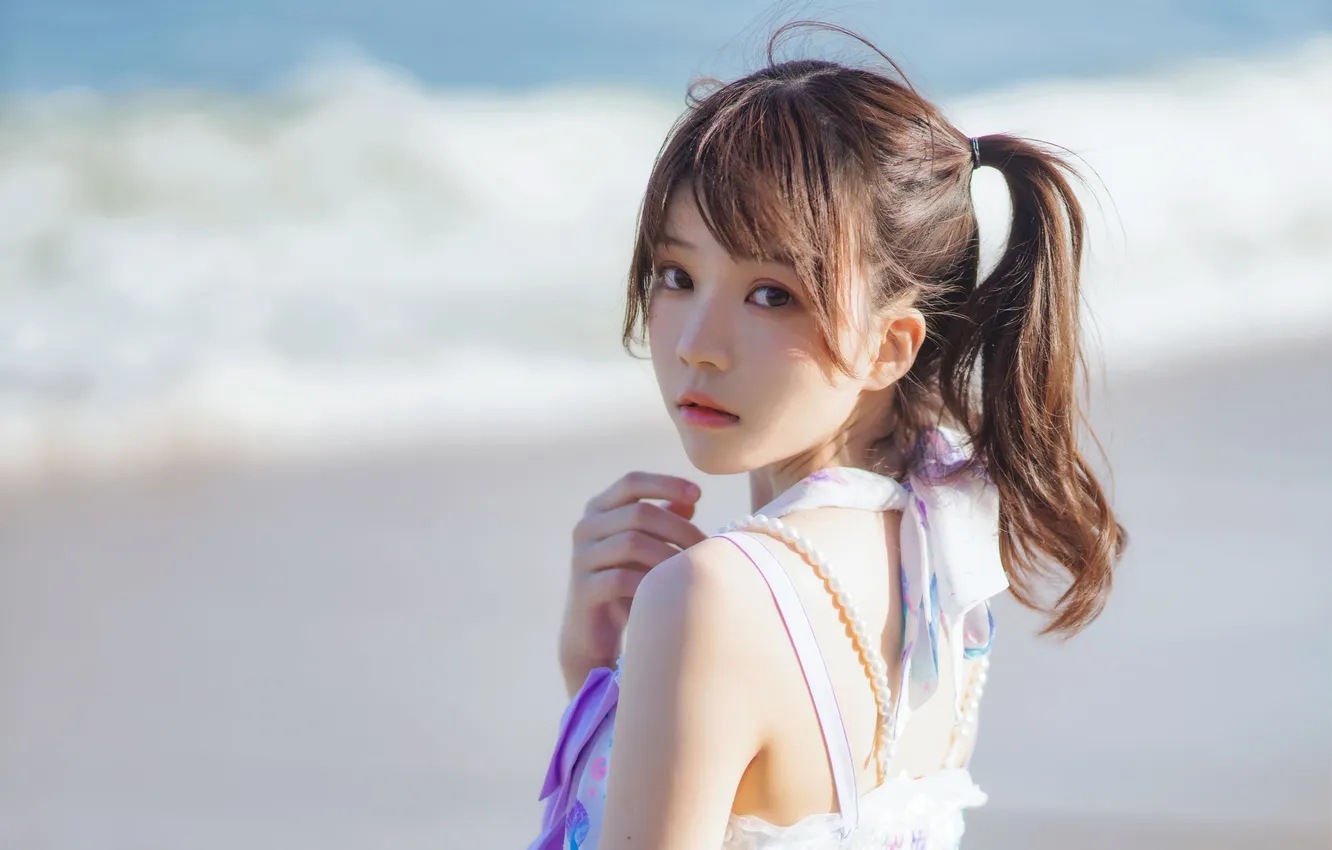Фото обои Beautiful, Asian, Model, Beach, Water, Woman, Ocean, Sea